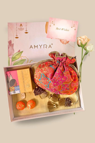 AMYRA Gift hamper - Amna embroidered red potli - Aroma & Candle box