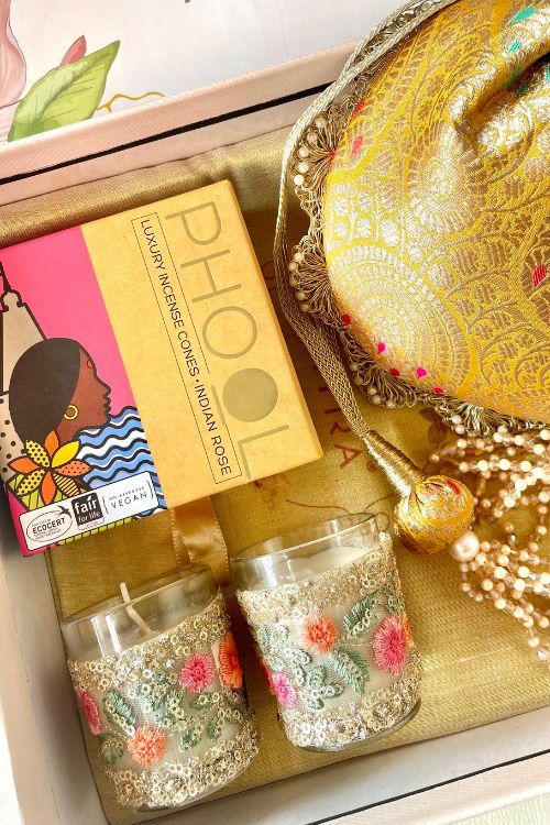 Gift hamper - Kashi yellow banarasi silk potli - Aroma & Floral candle box