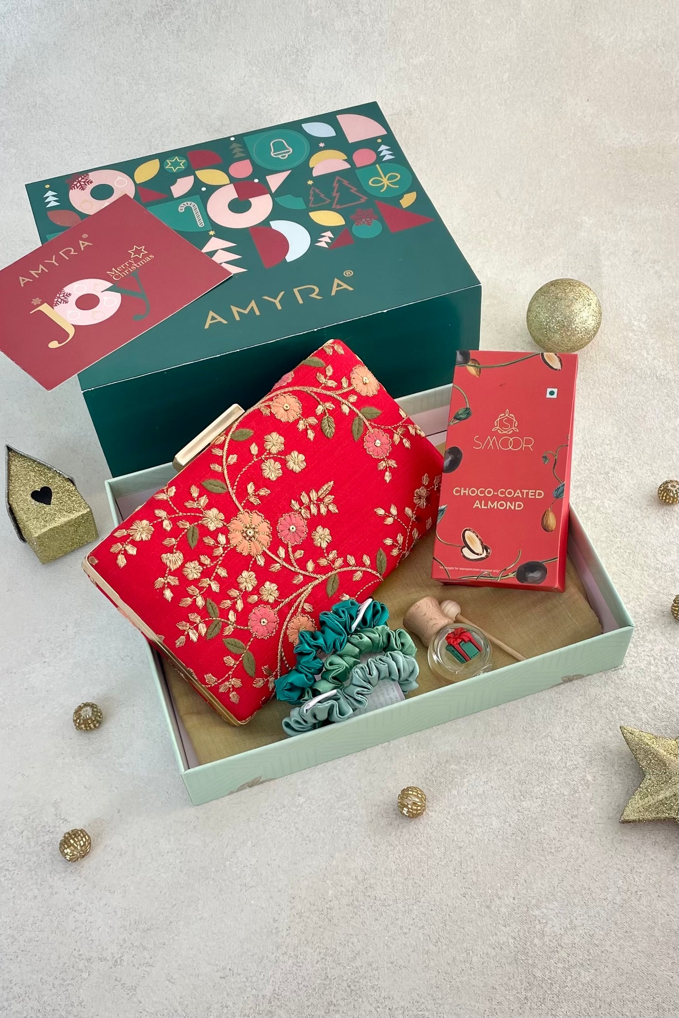 AMYRA Christmas Hamper - Floral Creeper Red Clutch - Scented & Accessory Box
