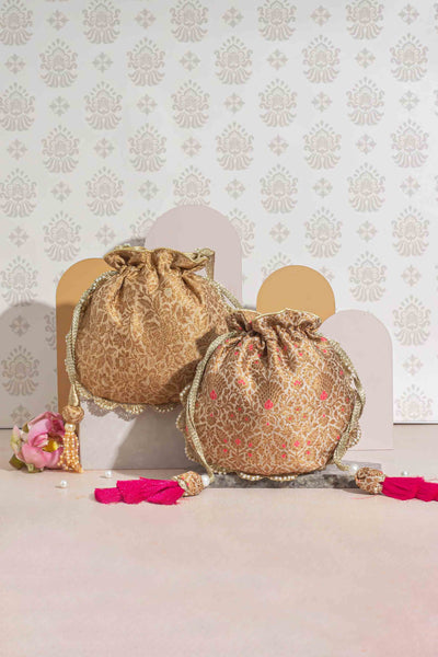Kashi Pure Banarasi Silk Potli - Cream & Pink