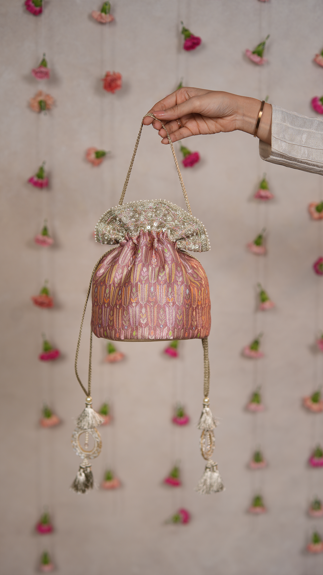 Titli Pure Banarasi Silk Bucket Potli - Mauve