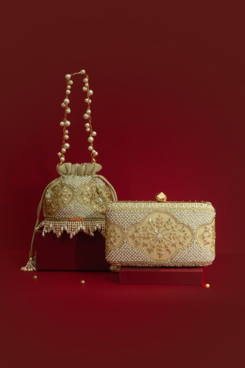 Sehra Pearl Embroidered Clutch - Beige