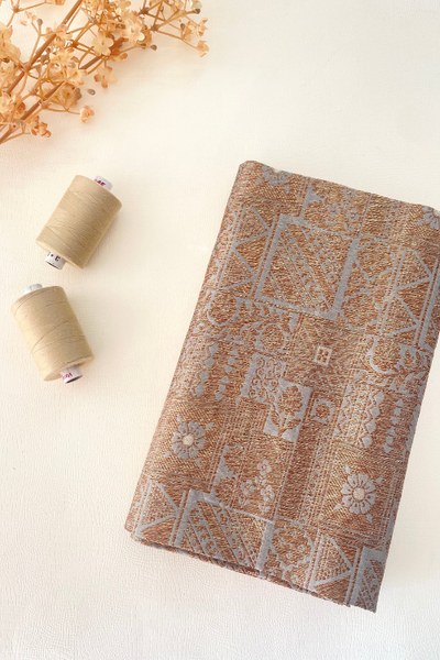 AMYRA Grey Handloom Pure Katan Silk Gold Zari Brocade Banarasi Fabric