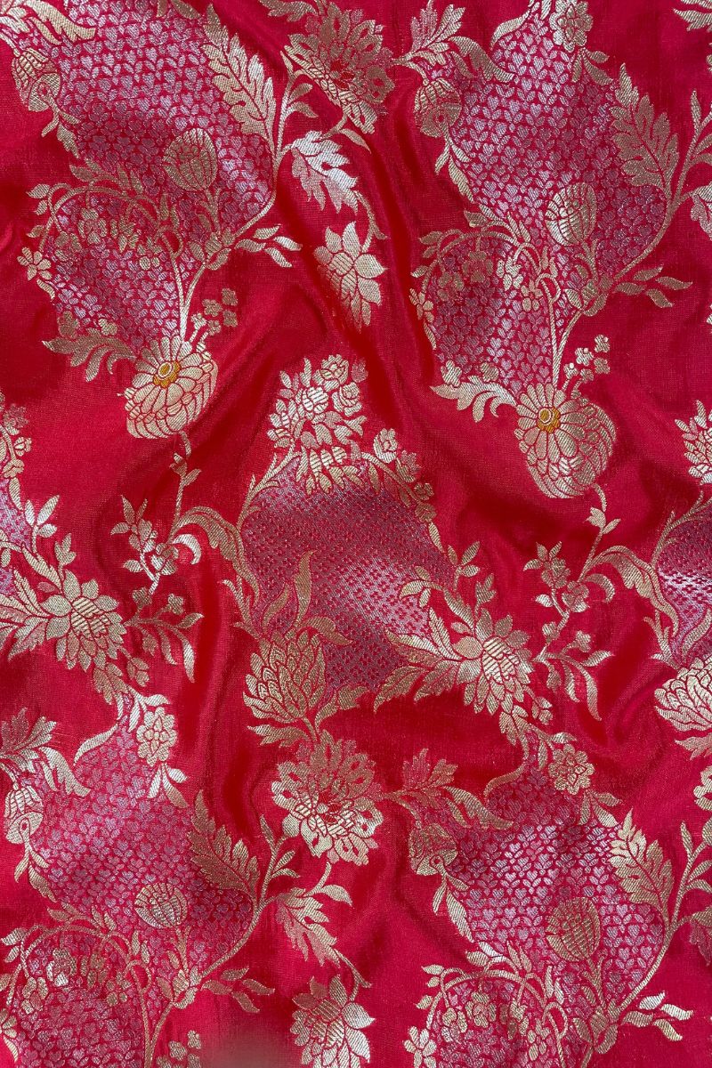 Simar Handloom Pure Katan silk & Mango Silk Fabric with Pure Gold Water Zari- Red