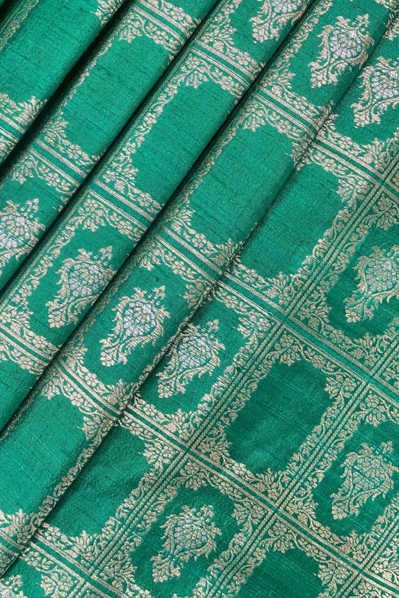 Ghazal Handloom Pure Katan Silk Gold Zari Brocade Banarasi Fabric - Emerald Green