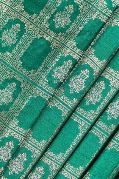 Ghazal Handloom Pure Katan Silk Gold Zari Brocade Banarasi Fabric - Emerald Green