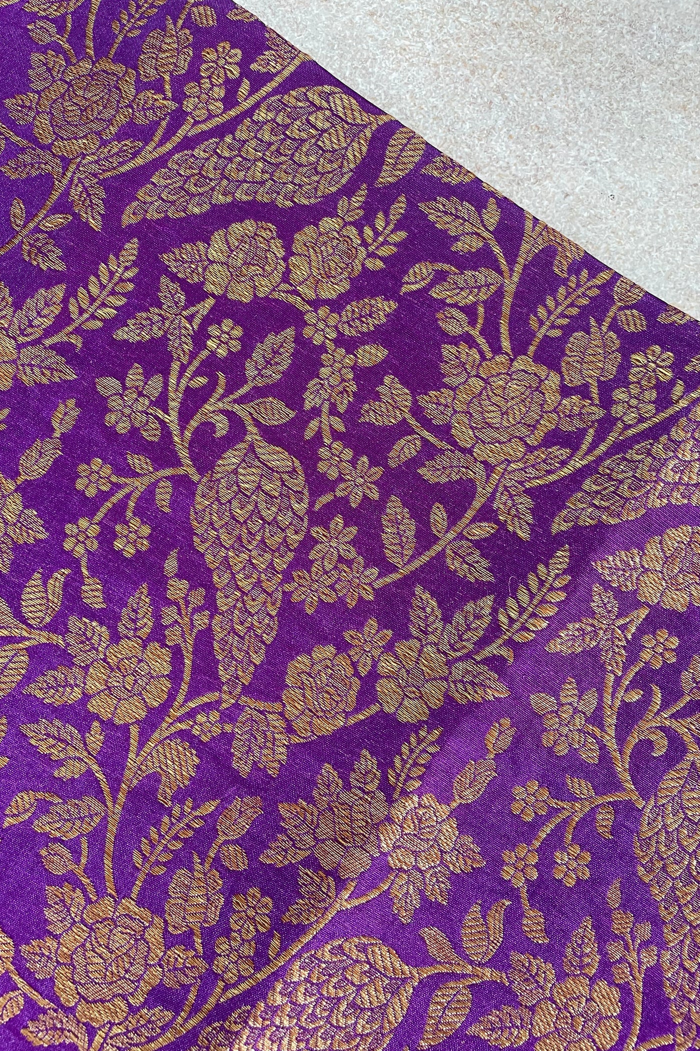 Purple Floral Handloom Pure Katan Silk Gold Zari Brocade Banarasi Fabric