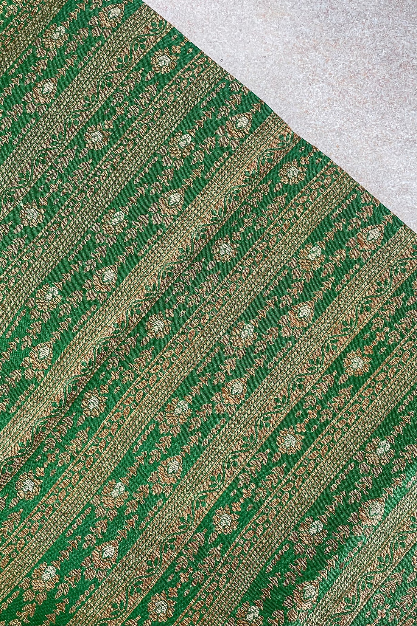 Dark Green Handloom Pure Katan Silk Gold Zari Brocade Banarasi Fabric