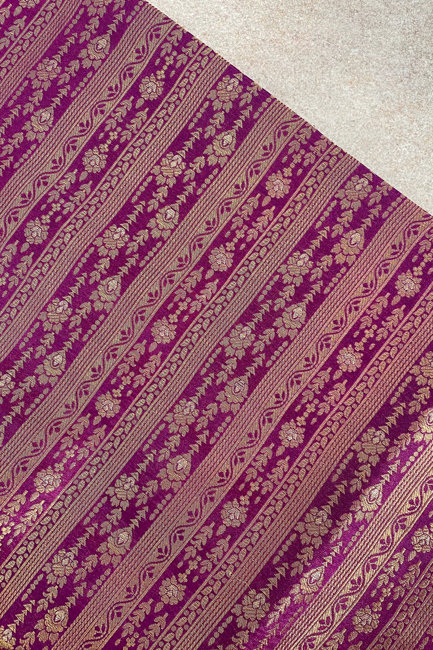 Violet Handloom Pure Katan Silk Gold Zari Brocade Banarasi Fabric
