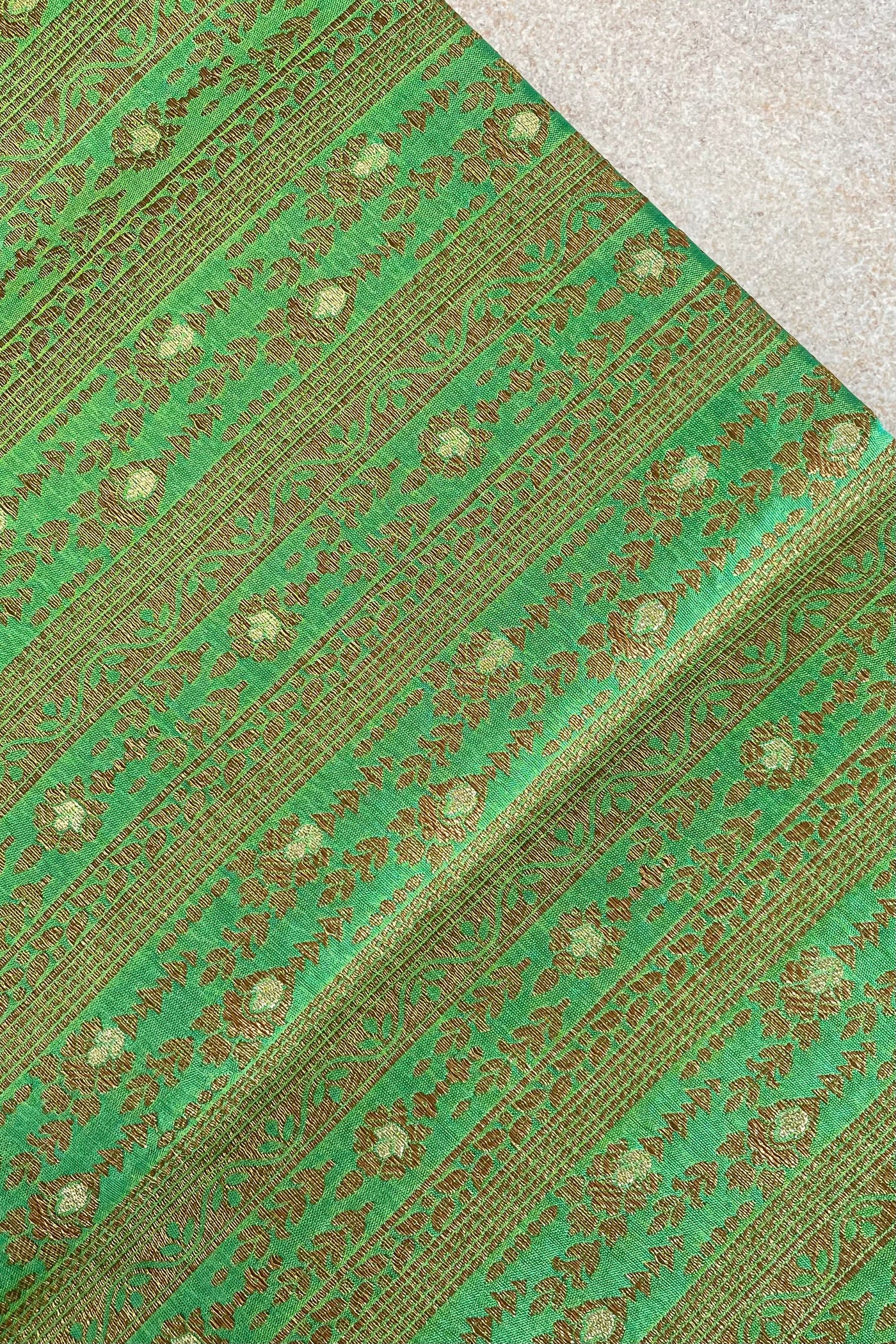 Sea Green Handloom Pure Katan Silk Gold Zari Brocade Banarasi Fabric