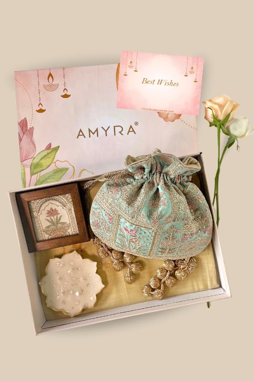 AMYRA Gift hamper - Amer turquoise potli - Home & Urli box