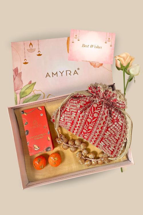 AMYRA Gift hamper - Mirai embroidered red potli - Gourmet & Candle box
