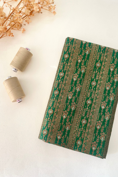 AMYRA Dark Green Handloom Pure Katan Silk Gold Zari Brocade Banarasi Fabric