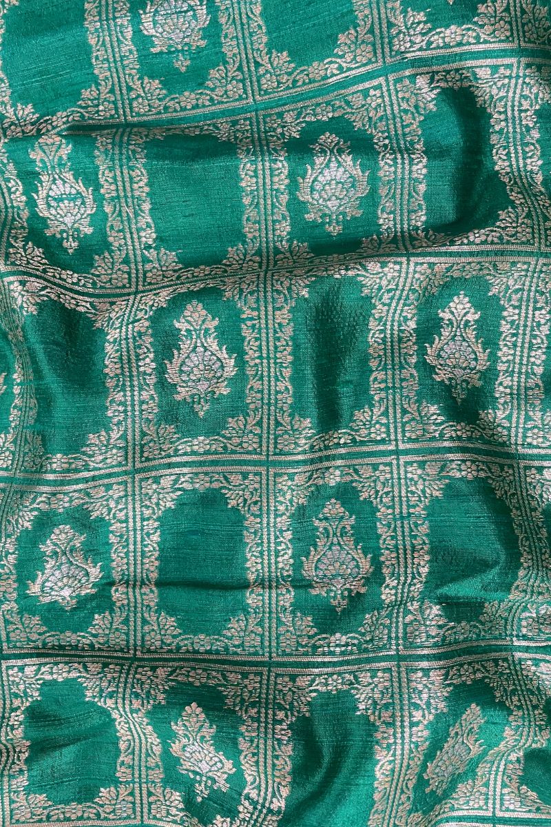 Ghazal Handloom Pure Katan Silk Gold Zari Brocade Banarasi Fabric - Emerald Green