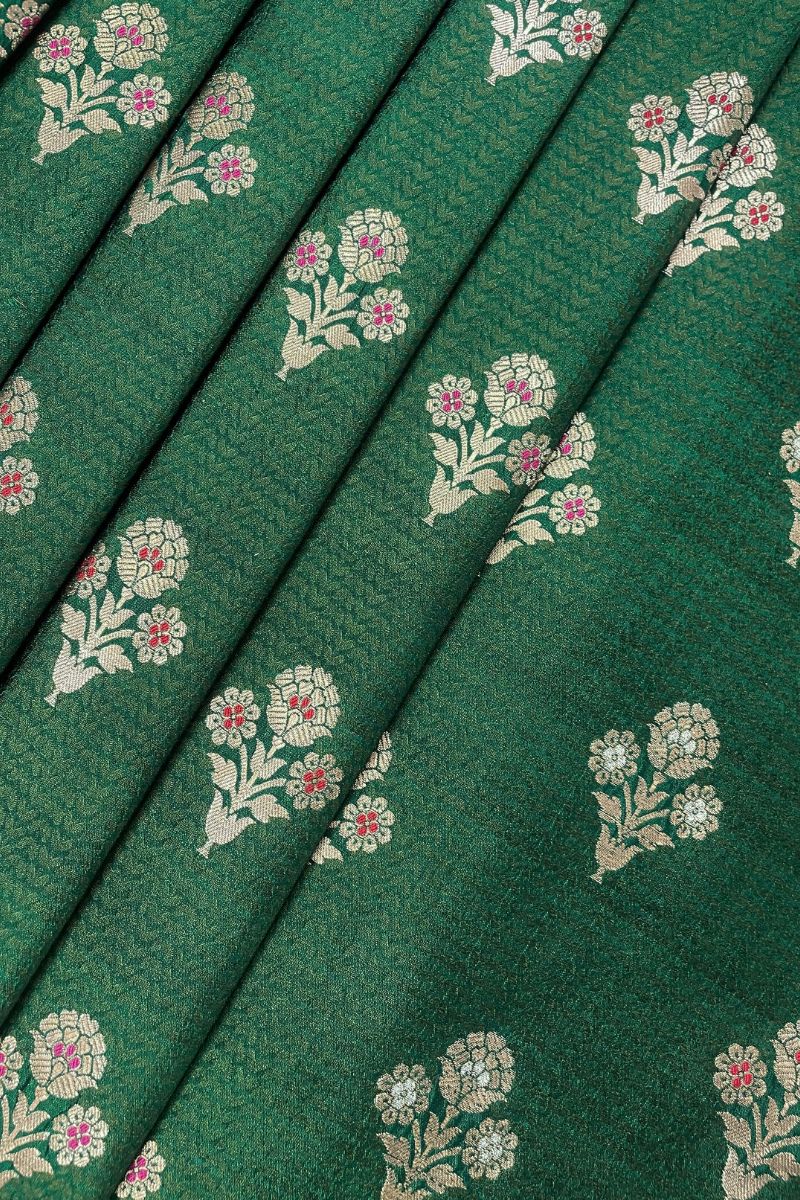 Bahaar Handloom Pure Katan silk & Mango Silk Fabric with Pure Gold Water Zari- Dark Green