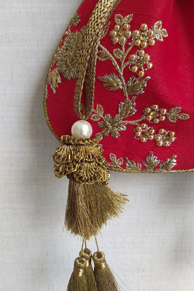 Red Embroidered Silk Potli