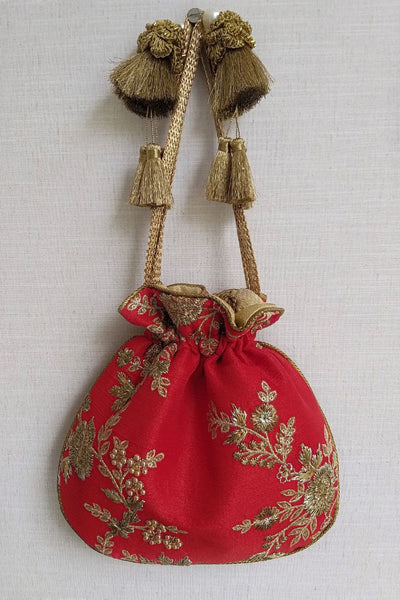 Red Embroidered Silk Potli