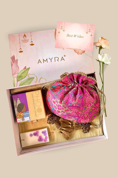 AMYRA Gift hamper - Amna embroidered pink potli - Aroma & Scented box