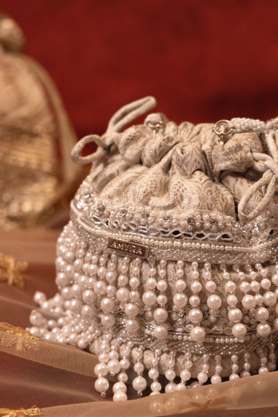 Anahi Embroidered Brocade Mini Potli - Ivory