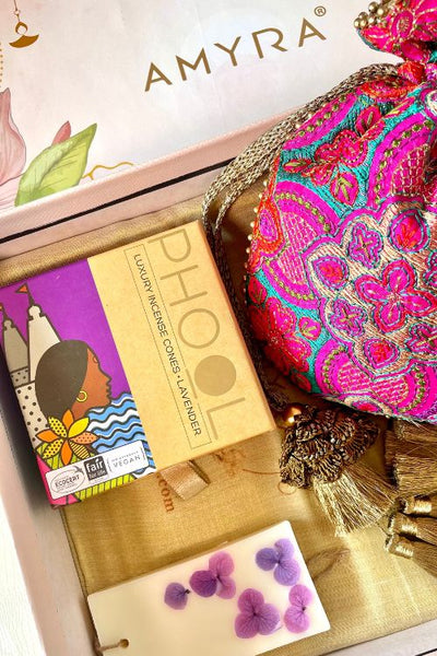 Gift hamper - Amna embroidered pink potli - Aroma & Scented box