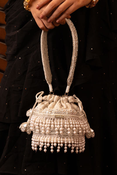 Anahi Embroidered Brocade Mini Potli - Ivory
