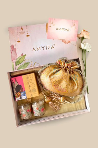 AMYRA Gift hamper - Kashi yellow banarasi silk potli - Aroma & Floral candle box