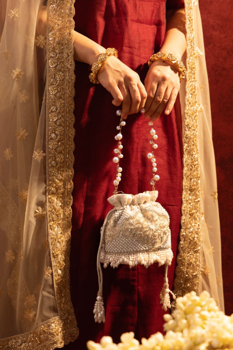 Sehra Pearl Embroidered Mini Potli - Beige