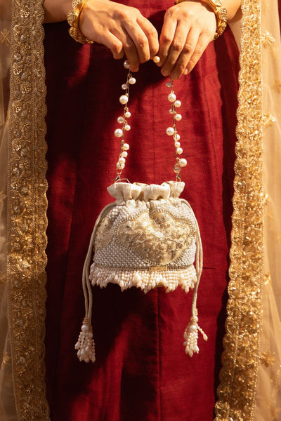 Sehra Pearl Embroidered Mini Potli - Beige