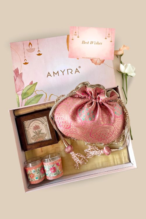 AMYRA Gift hamper - Kashi pink banarasi silk potli - Home & Floral candle box