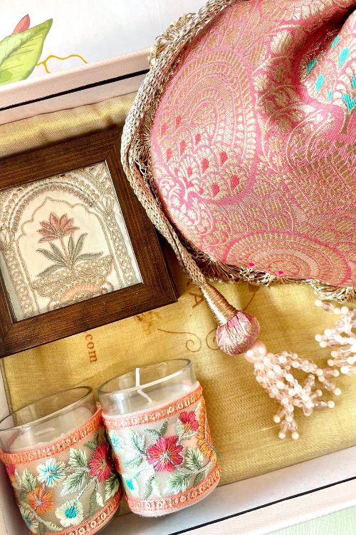 Gift hamper - Kashi pink banarasi silk potli - Home & Floral candle box