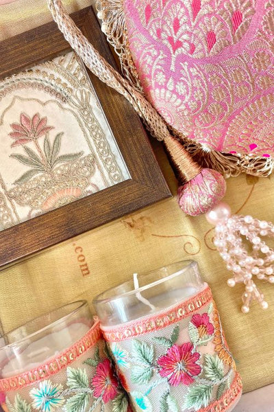 Gift hamper - Kashi pink banarasi silk potli - Home & Floral candle box