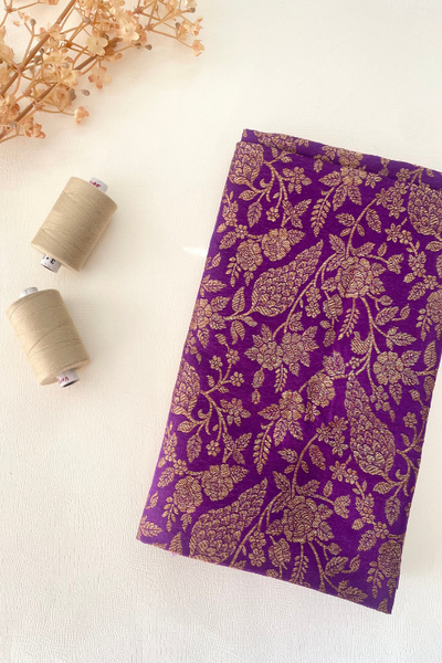 AMYRA Purple Floral Handloom Pure Katan Silk Gold Zari Brocade Banarasi Fabric