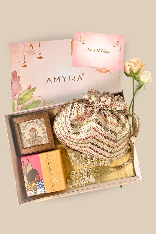 AMYRA Gift hamper - Fiza embroidered potli - Home & Aroma box