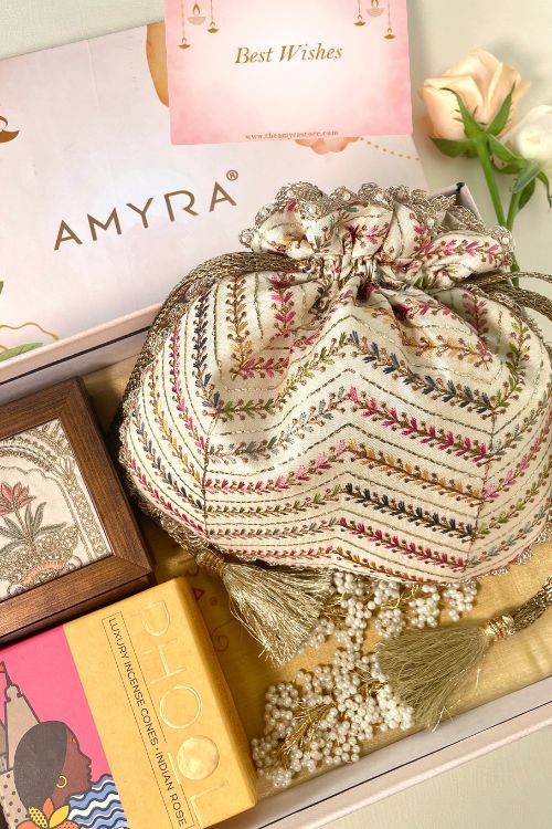 Gift hamper - Fiza embroidered potli - Home & Aroma box