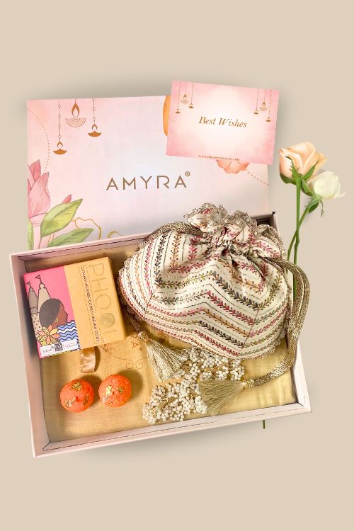 AMYRA Gift hamper - Fiza embroidered potli - Aroma & Candle box