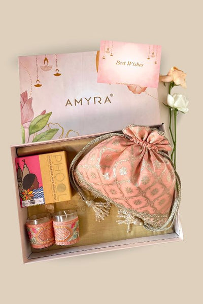 AMYRA Gift hamper - Chandheri peach potli - Aroma & Floral candle box