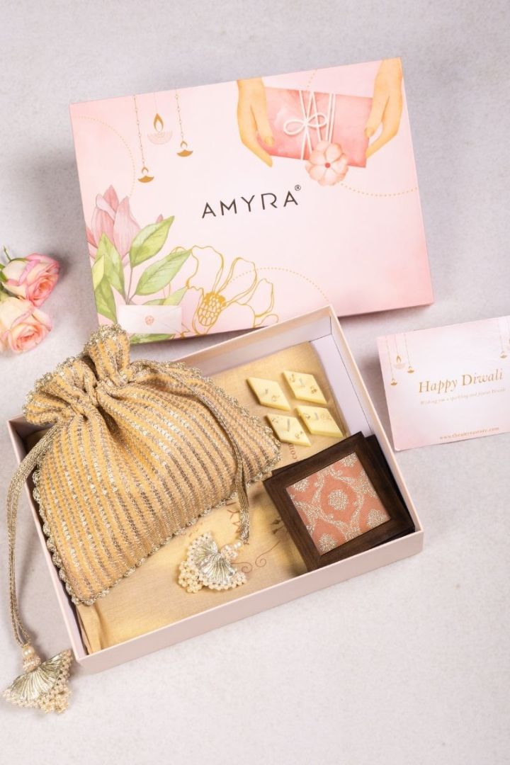 Diwali Hamper - Tara light orange potli - Home and Candle Box