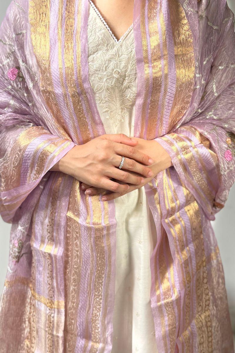 Aarani Rimmer Embroidered Tissue Dupatta, Aarani Lilac, AMYRA