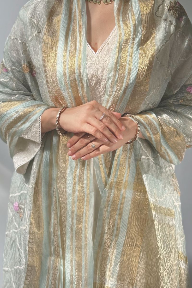 Aarani Crushed Tissue Embroidered Dupatta - Mint