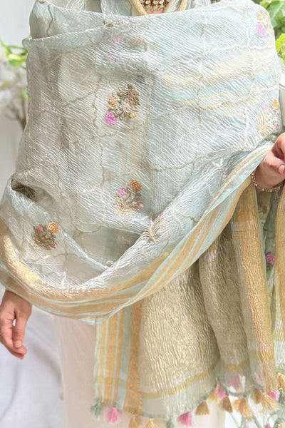 Aarani Crushed Tissue Embroidered Dupatta - Mint