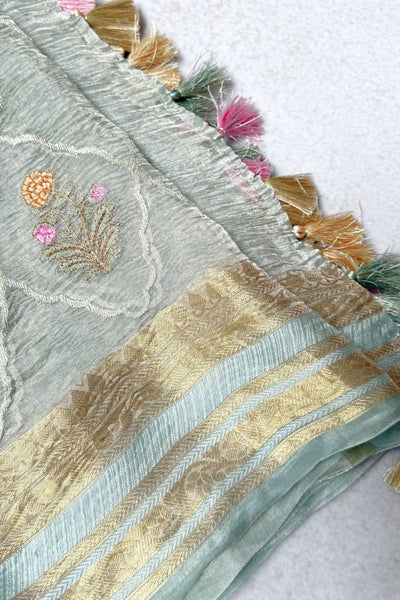 Aarani Crushed Tissue Embroidered Dupatta - Mint