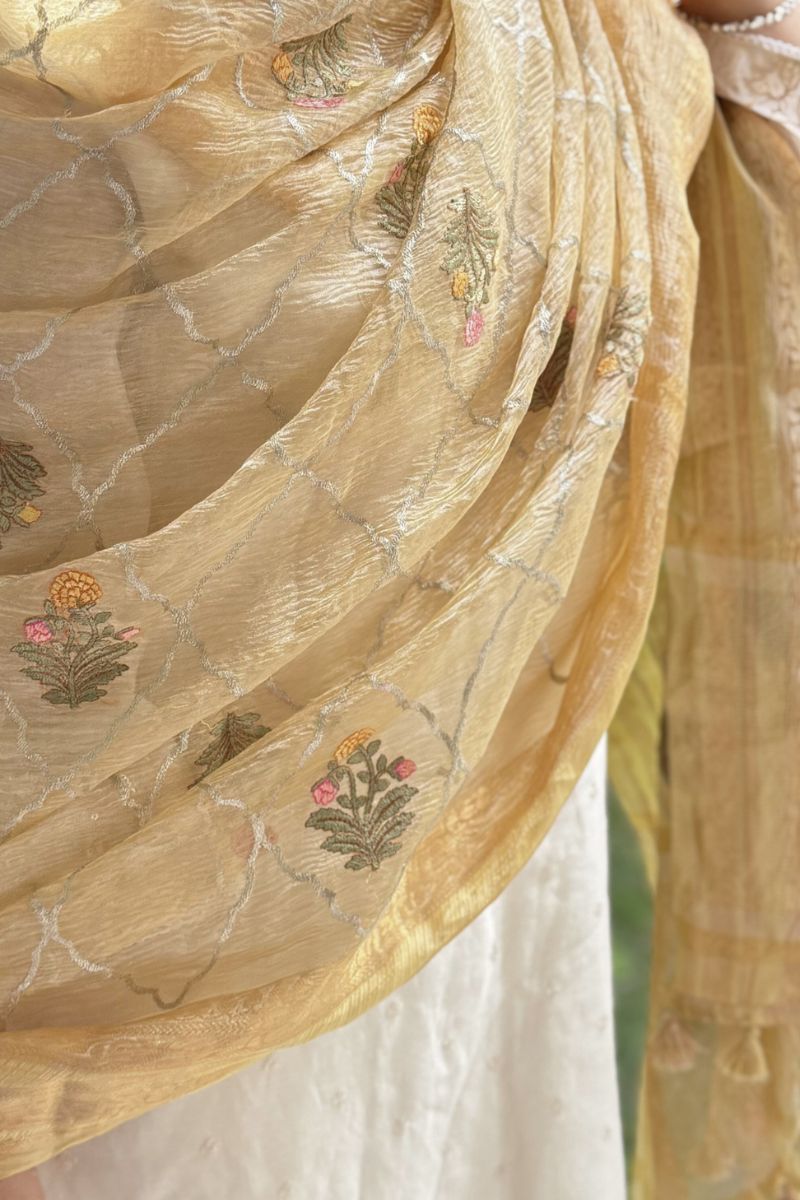 Aarani Crushed Tissue Embroidered Dupatta - Yellow