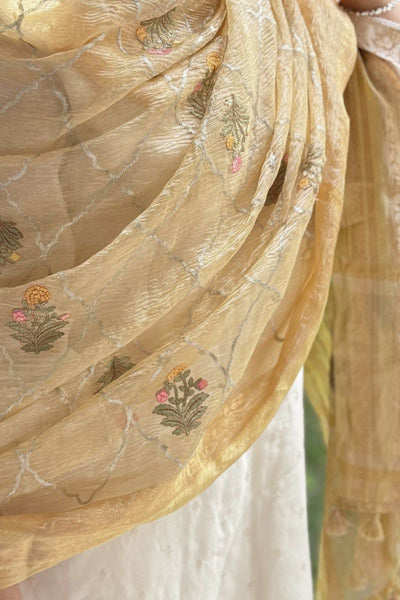Aarani Crushed Tissue Embroidered Dupatta - Yellow