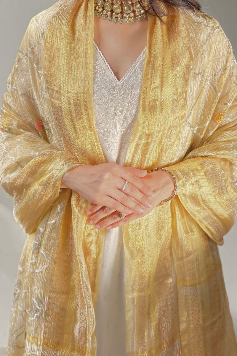 Aarani Rimmer Buy AMYRA Aarani Crushed Tissue Embroidered Dupatta - Yellow online ...