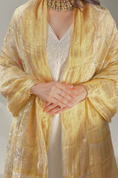 Aarani Crushed Tissue Embroidered Dupatta - Yellow