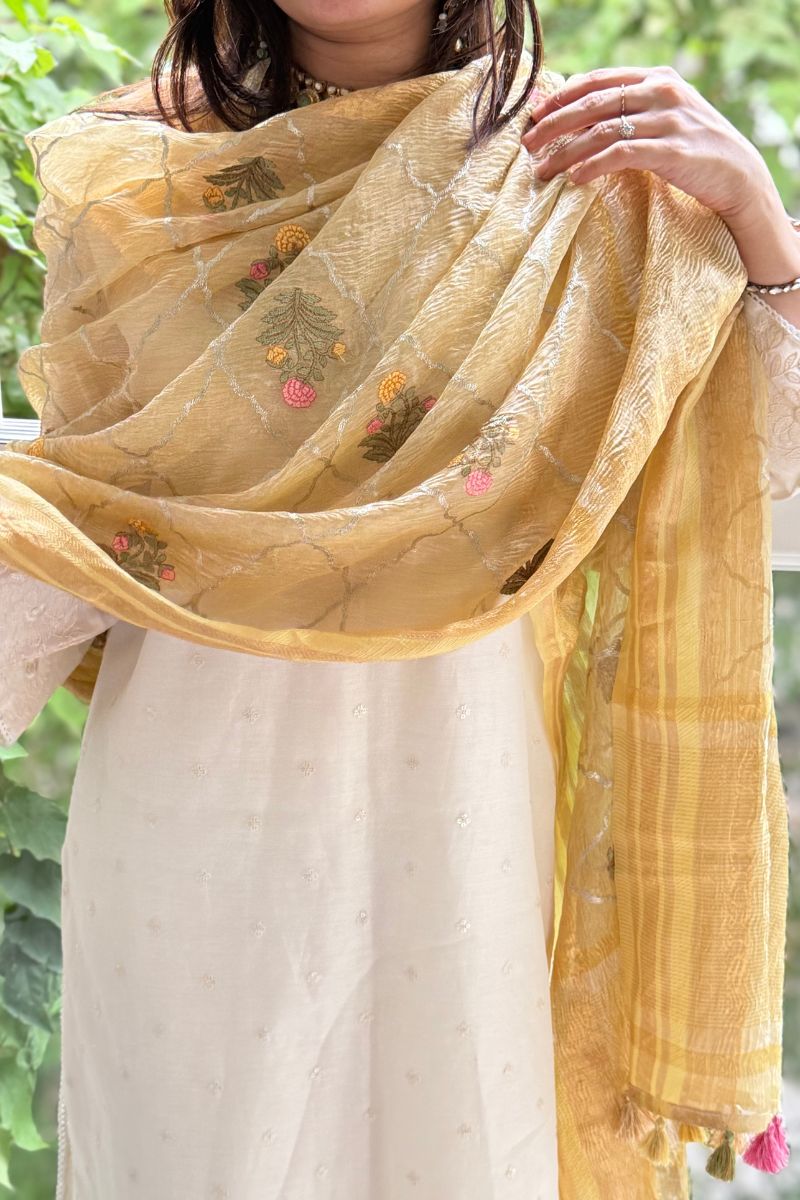 Aarani Crushed Tissue Embroidered Dupatta - Yellow