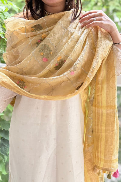 Aarani Crushed Tissue Embroidered Dupatta - Yellow