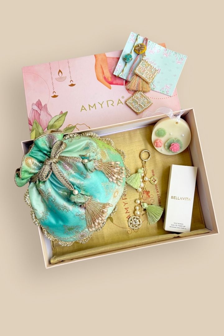 Rakhi Hamper - Abstract Art Banarasi Potli - Blue - Scented Box