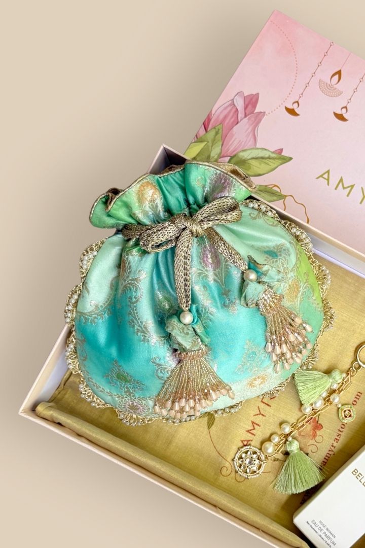 Rakhi Hamper - Abstract Art Banarasi Potli - Blue - Scented Box