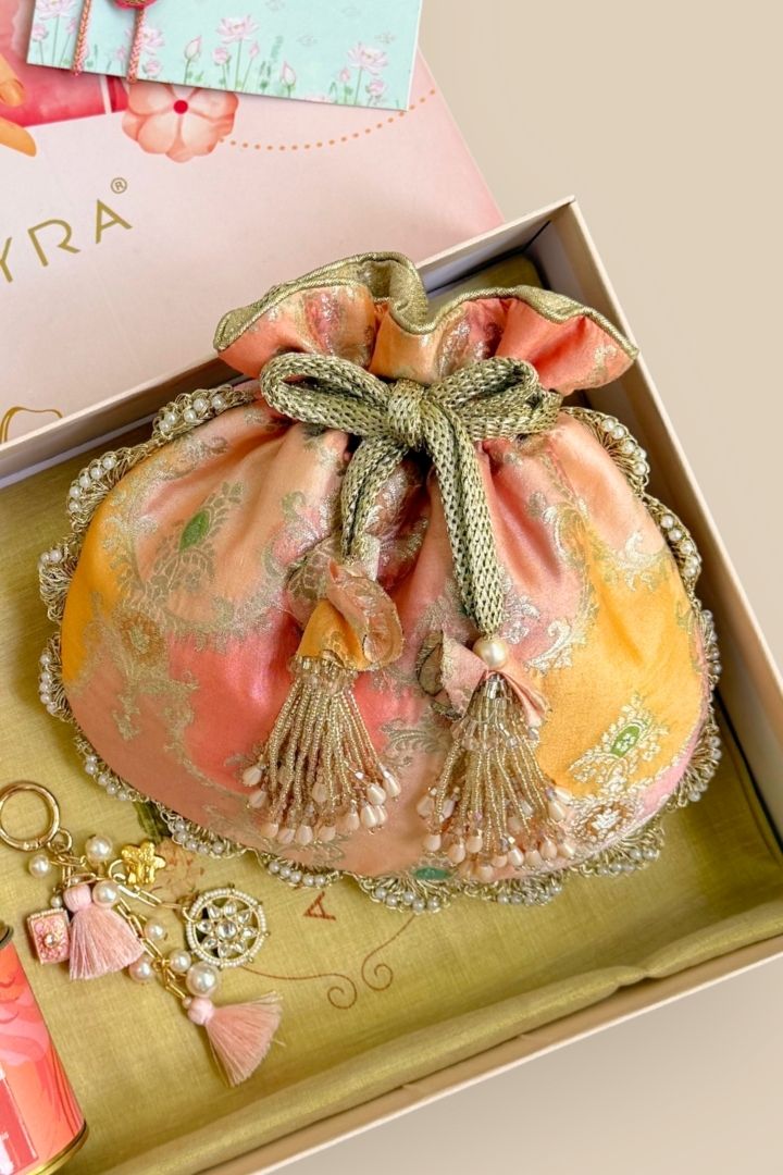 Rakhi Hamper - Abstract Art Banarasi Potli - Peach - Care Box